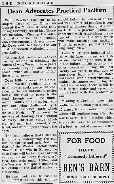 Dean advocates practical pacifism, October 1941 Decaturian