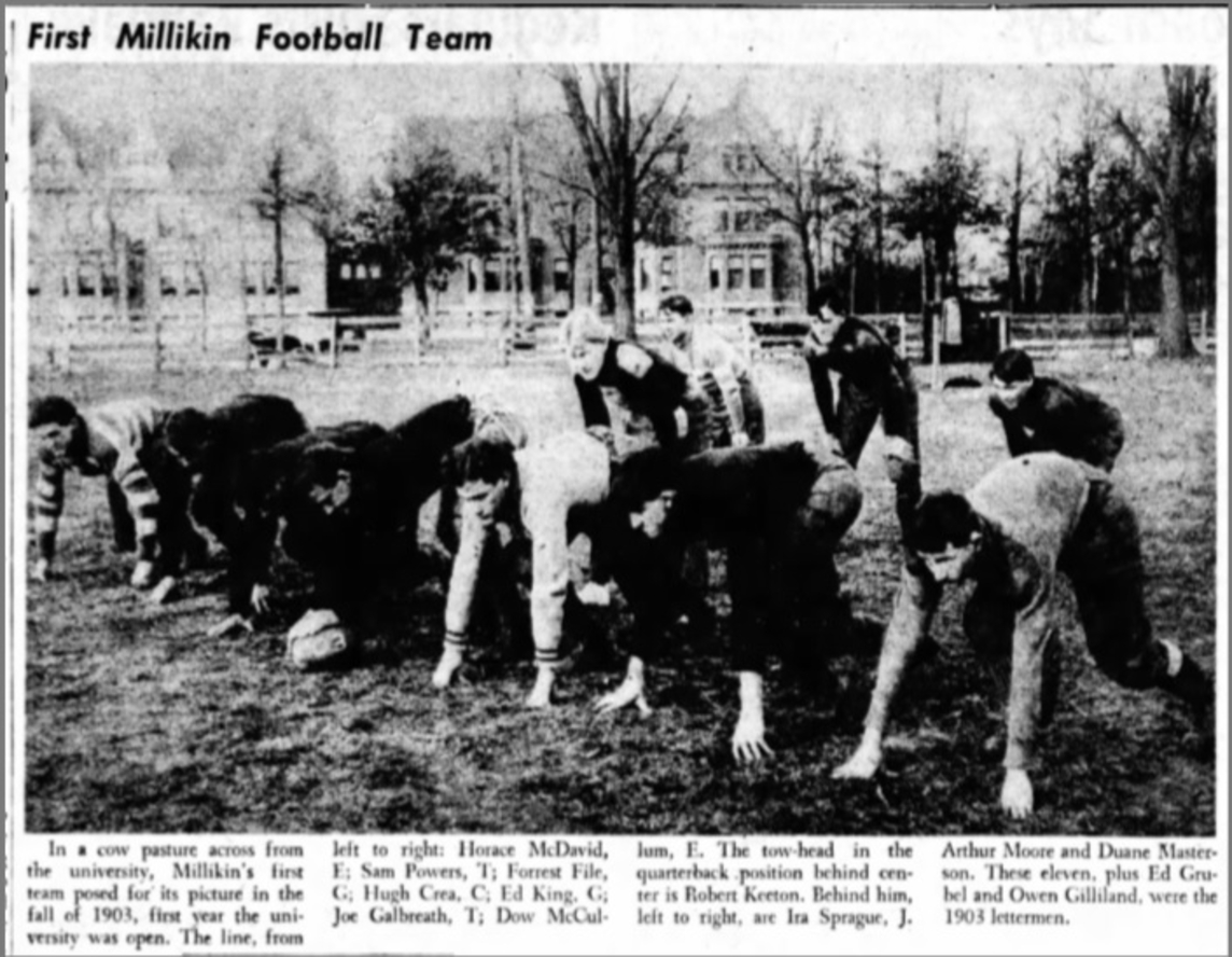 News clipping photo of Millikin&#039;s first football team, including Keeton and King