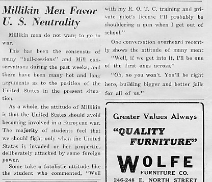 Millikin Men Favor U. S. Neutrality, September 1939 Decaturian