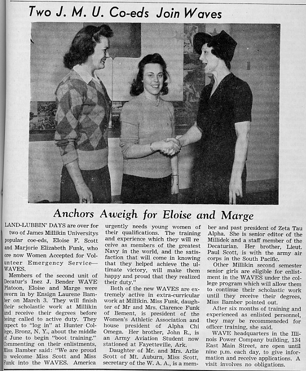 Two J.M.U. co-eds join waves, March 1944 Decaturian