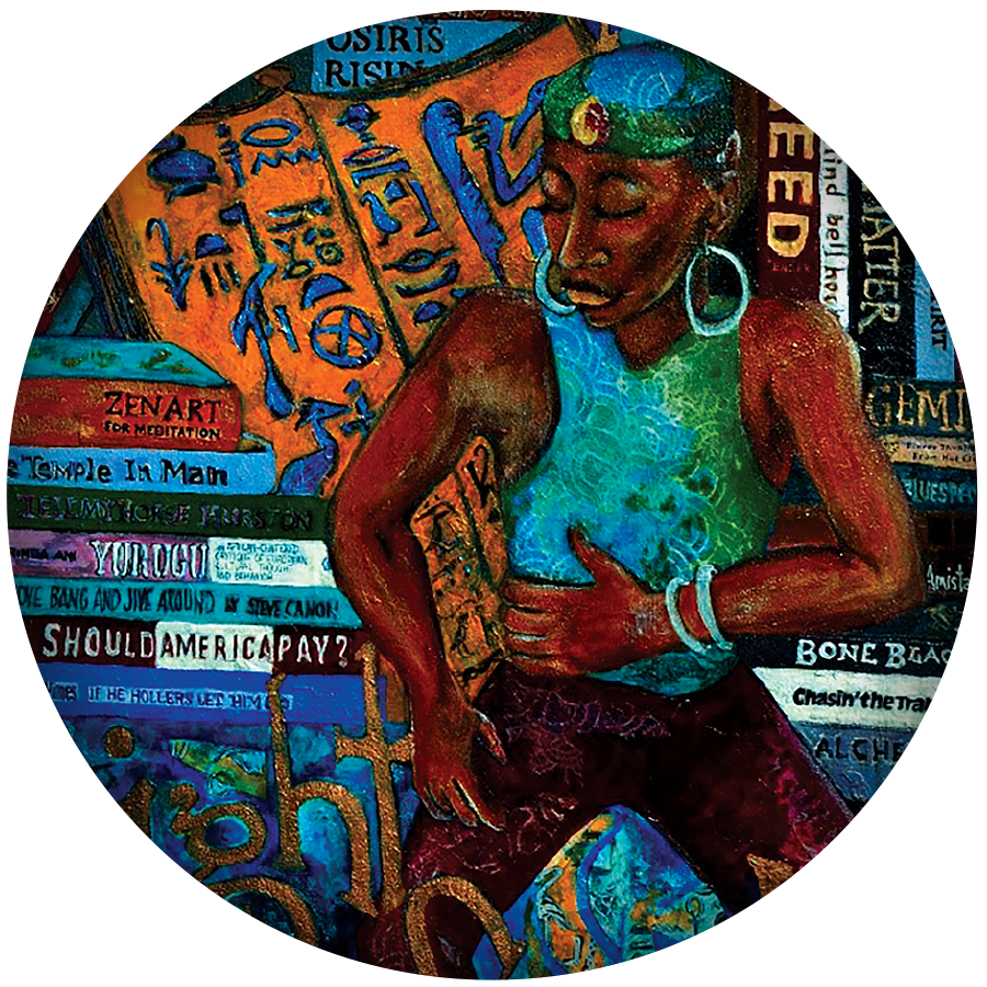 Painting of an African American person with literature in background