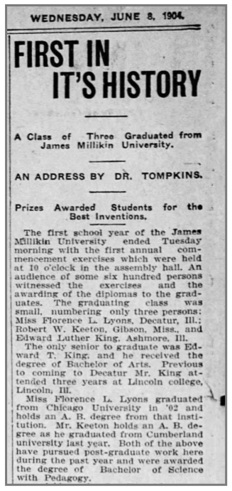 June 8, 1904 first Millikin University graduation article