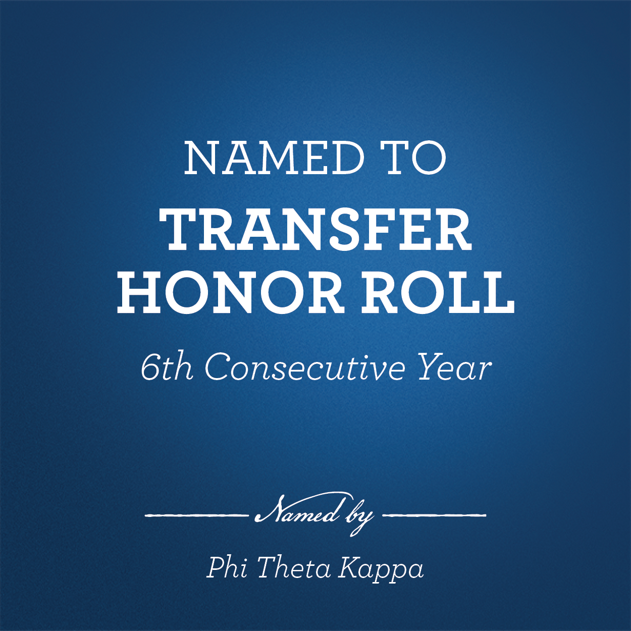 Graphic with a blue background announcing Millikin University’s recognition on the Transfer Honor Roll for the sixth consecutive year. Text reads “Named to Transfer Honor Roll,” “6th Consecutive Year,” and “Named by Phi Theta Kappa.”