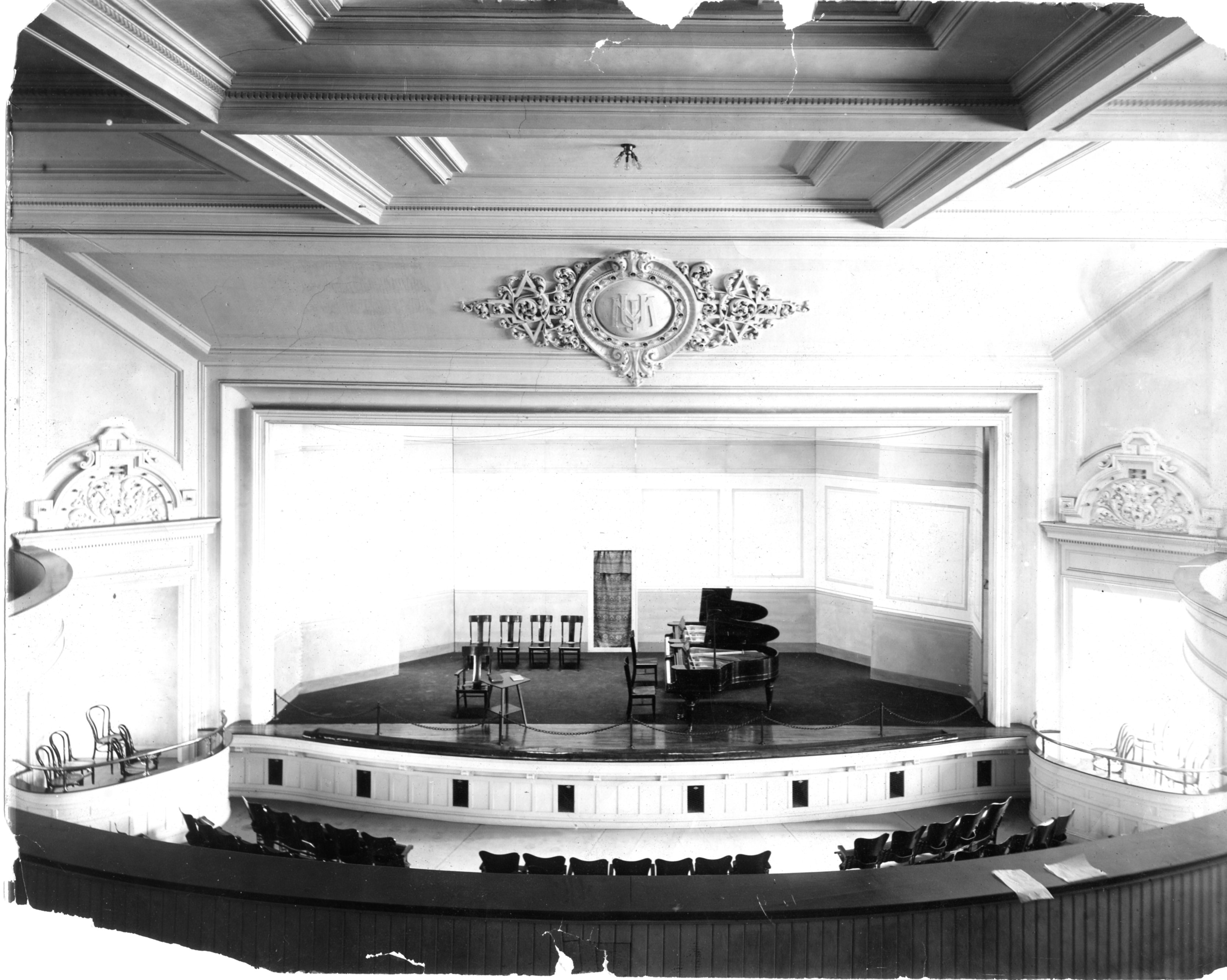 Black and white photo of Albert Taylor Theatre showing private boxes