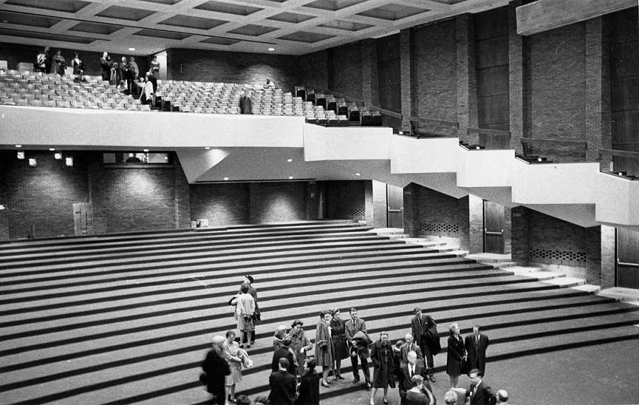 Black and white photo of Kirkland Fine Arts Center interior before seat installation