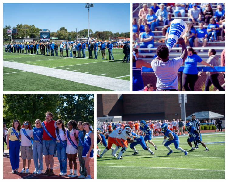 Athletic Hall of Fame inductees, cheerleader using a Big Blue megaphone, Homecoming Court members, and football players at the Homecoming Game