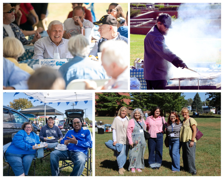 Older alumni at lunch, gentleman cooking food for BBQ, alumni tailgate, and alumni in front of yard games