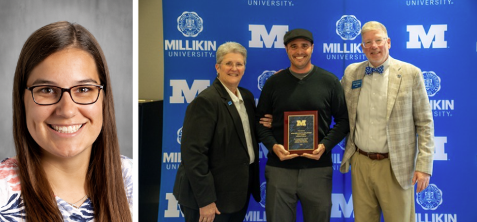 A composite image pairs a professional headshot with an awards presentation photo. On the left is a studio portrait of an individual wearing glasses against a gray background. On the right, an award recipient holds a plaque while posing with two companions in front of a blue Millikin University backdrop featuring university logos and large “M” graphics. The side-by-side layout connects the portrait with the recipient recognized at the university event.