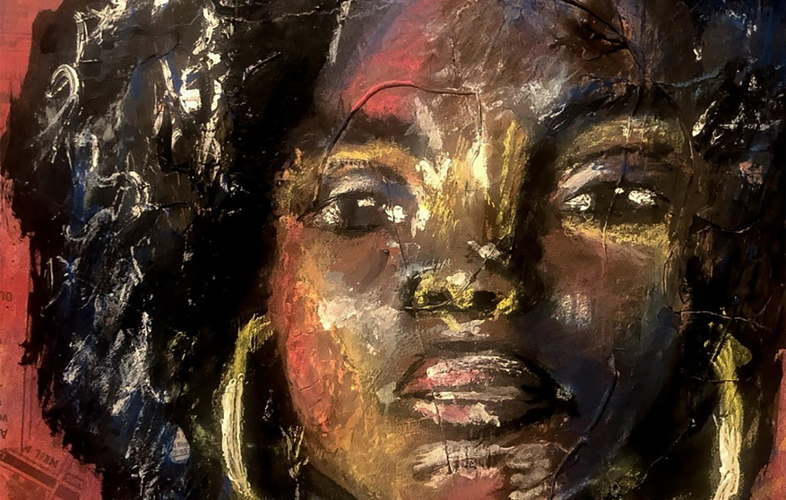 Painting of a beautiful woman's face, dark skin, wearing hoop earrings. 