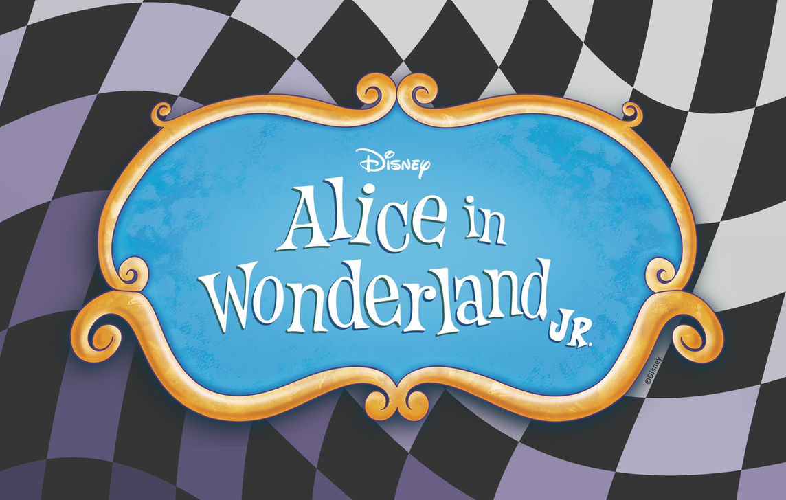 Logo that says Alice in Wonderland Jr. on a checked background. 