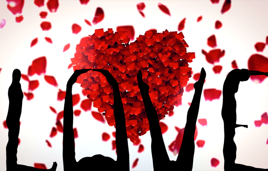 Background shows a heart made of flower petals. In the foreground, people contort their bodies in silhouette to spell LOVE.