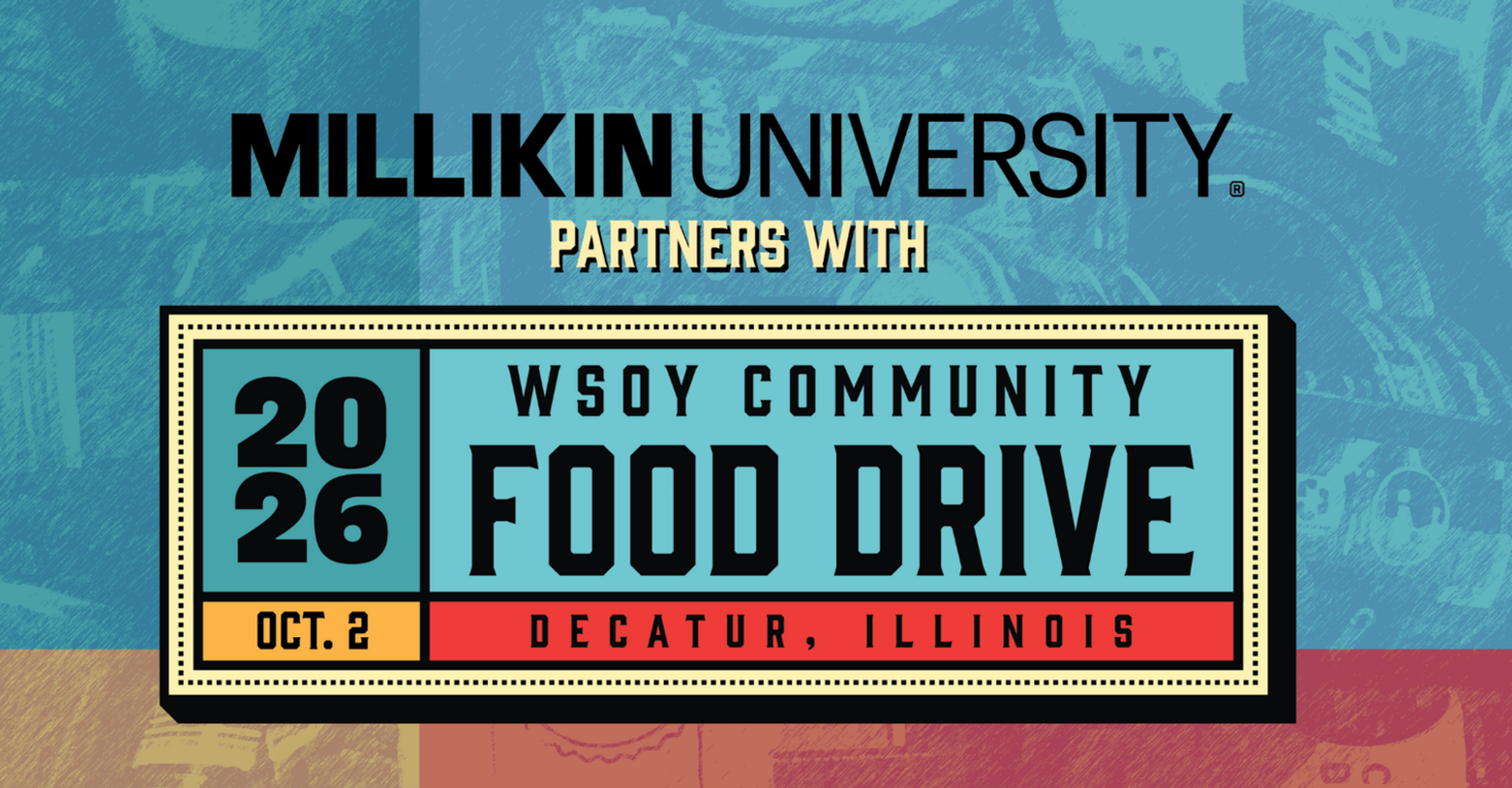 Header image reading, "Millikin University partners with 2026 WSOY Community Food Drive," Oct. 2, 2026, Decatur, Illinois