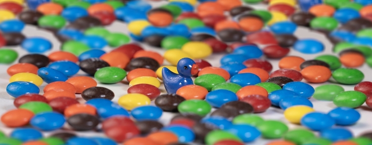 blue duck amongst m&m candies