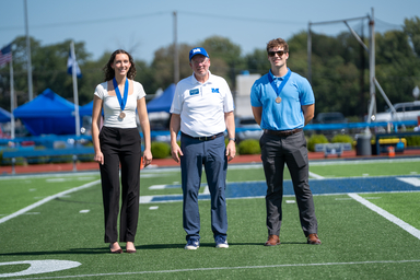 Three individuals wearing medals stand on a football field during an outdoor ceremony. The person in the center wears a white polo shirt and blue cap with an “M” logo, while the two individuals on either side wear business-casual attire. Blue tents, field equipment, and trees are visible in the background under a clear sky.