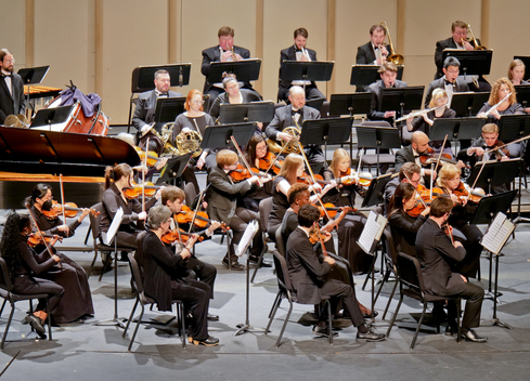 The Millikin-Decatur Symphony Orchestra in concert on the Kirkland Fine Arts Center stage. 