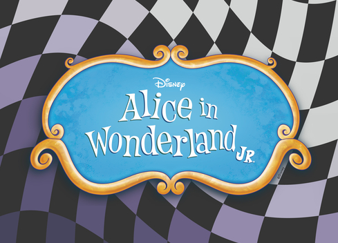 Logo that says Alice in Wonderland Jr. on a checked background. 