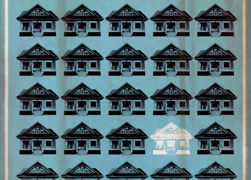 Poster for Clybourne Park featuring lines of houses stacked on top of each other. 