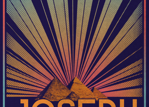 Poster for Joseph and the Amazing Technicolor Dreamboat showing pyramids with sunrays behind them.