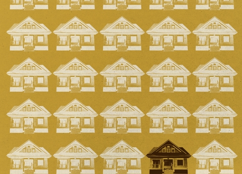 Poster for a Raisin in the Sun. Multiple house prints on a yellow background. 