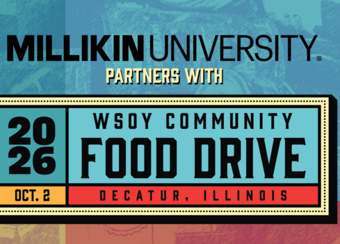 Header image reading, "Millikin University partners with 2026 WSOY Community Food Drive," Oct. 2, 2026, Decatur, Illinois
