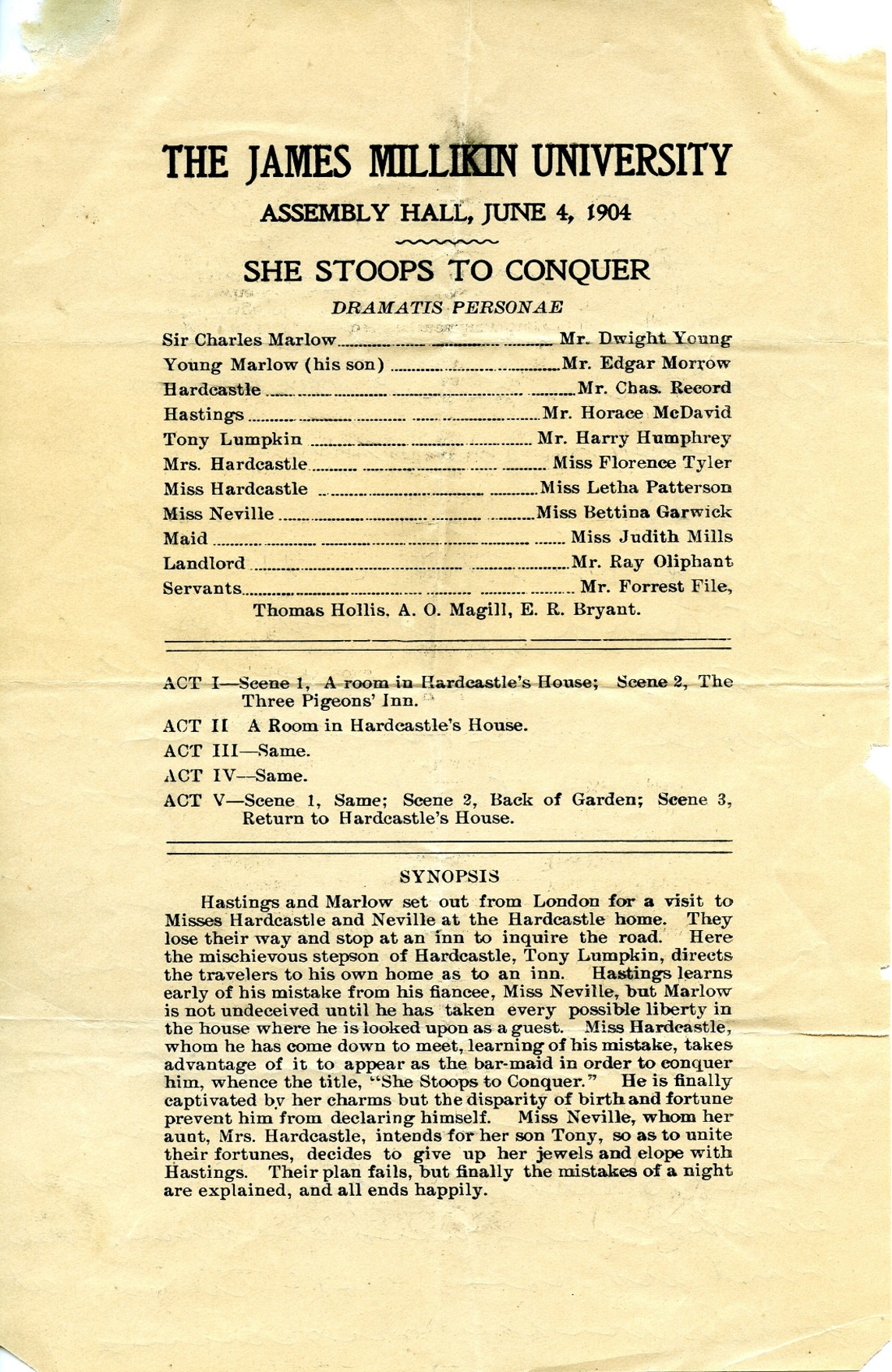1904 play program for She Stoops to Conquer