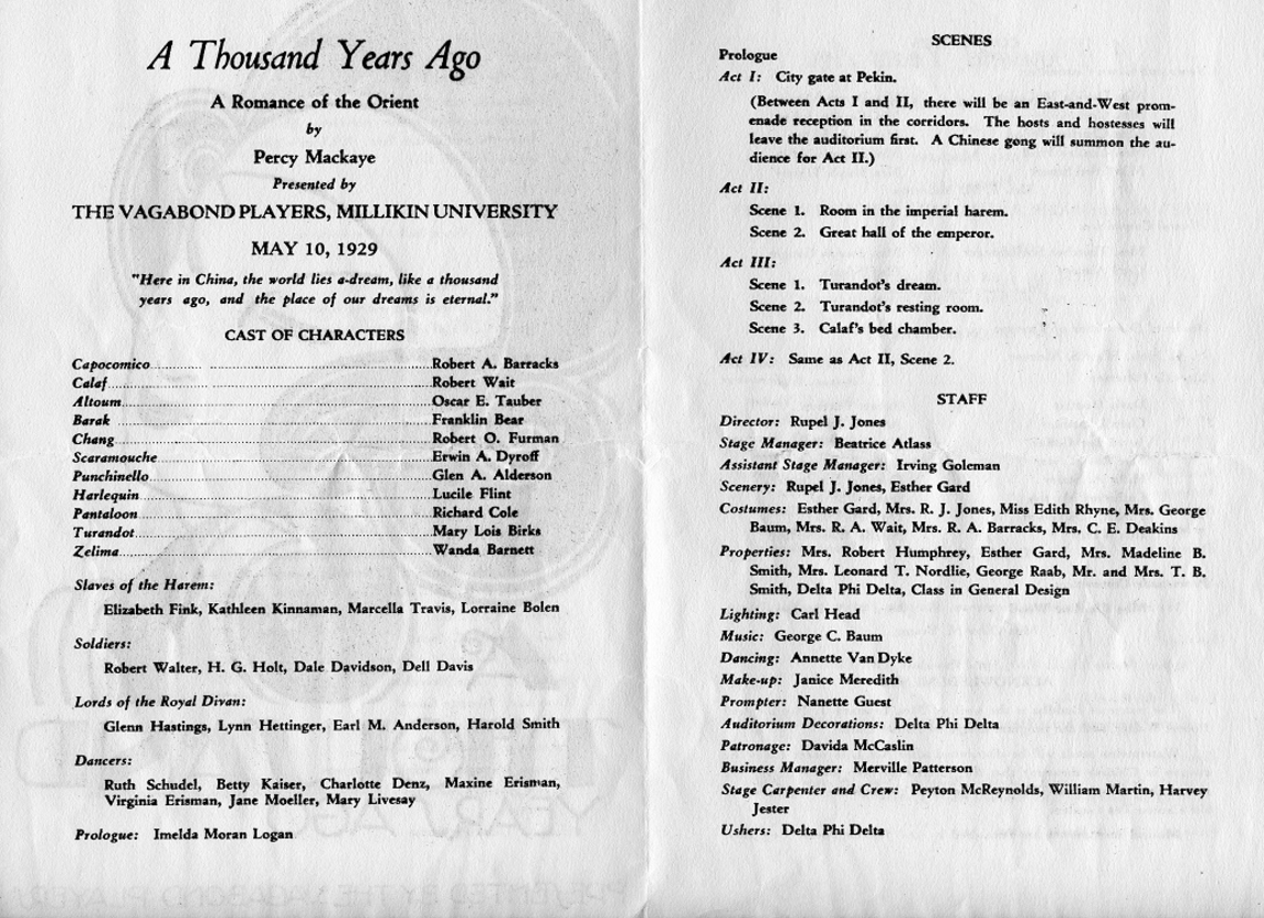 1929 Play Program for A Thousand Years Ago by the Vagabond Players