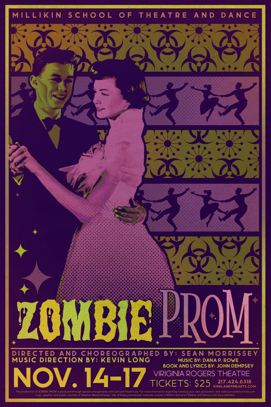 Poster for Zombie Prom shows a teenage boy and teenage girl dancing, dressed in 1950s clothes. 
