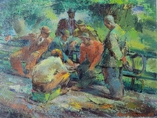 Painting of men playing checkers in a park.