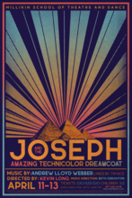 Poster for Joseph and the Amazing Technicolor Dreamboat showing pyramids with sunrays behind them.