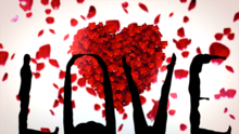 Background shows a heart made of flower petals. In the foreground, people contort their bodies in silhouette to spell LOVE.