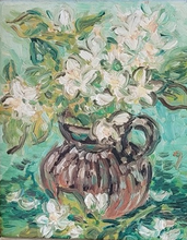 Robert Crowder, “White Flowers in Pitcher,” oil on canvas, 20” x 16”