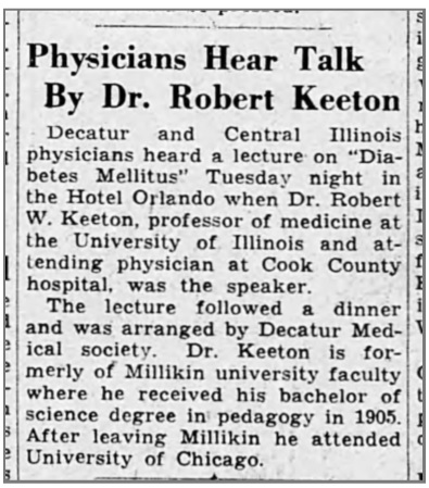 1934 news clipping of talk by Dr. Robert Keeton